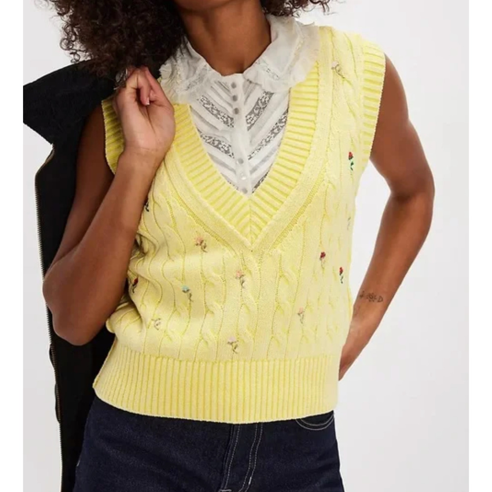 FREE PEOPLE YELLOW PLUMERIA FLORAL EMBROIDERED V-NECK CABLE KNIT SWEATER VEST M